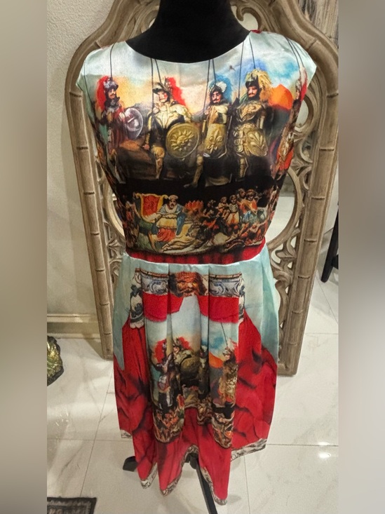 Dresses & Skirts - Vibrant Illustrated Sleeveless Fit-and-Flare Dress in Red & Light Blue